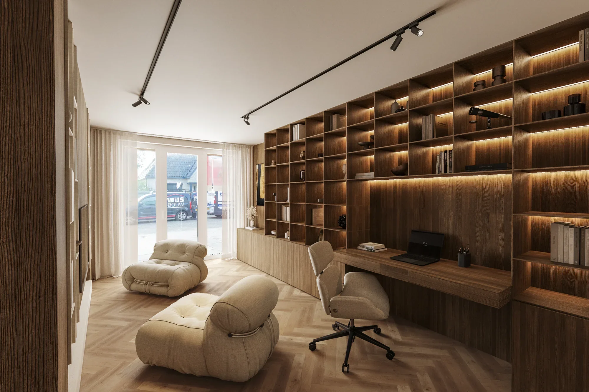 Virtual renovation van kantoor aan huis met houten boekenkast, bureau en fauteuils in Amsterdam