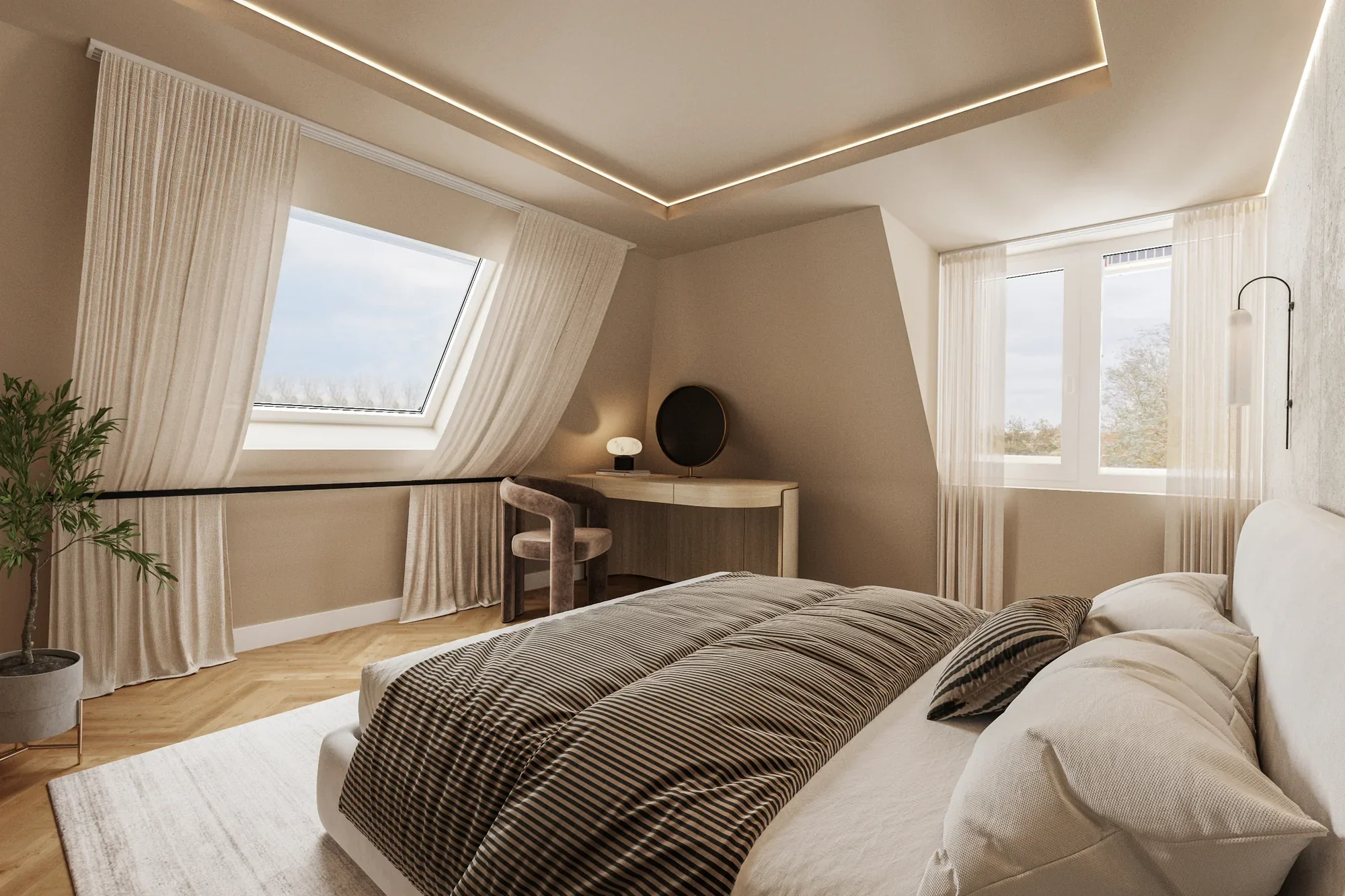 Virtual staging van een lichte slaapkamer met dakraam, tweepersoonsbed en make-uptafel