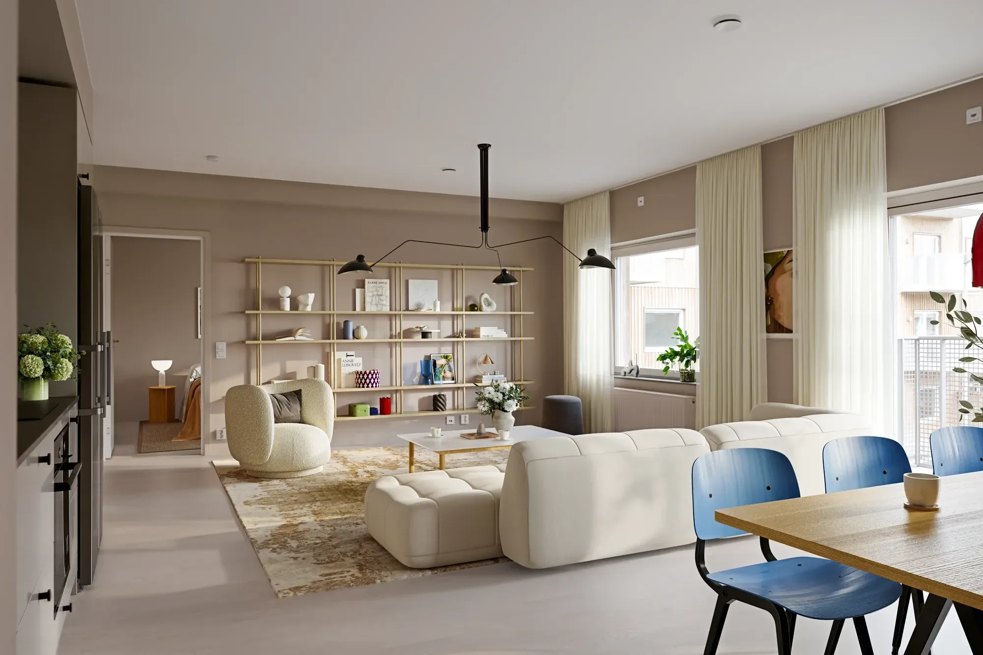 Virtual staging van een lichte woonkamer met beige bank, eetkamer en boekenkast in complex Utrecht