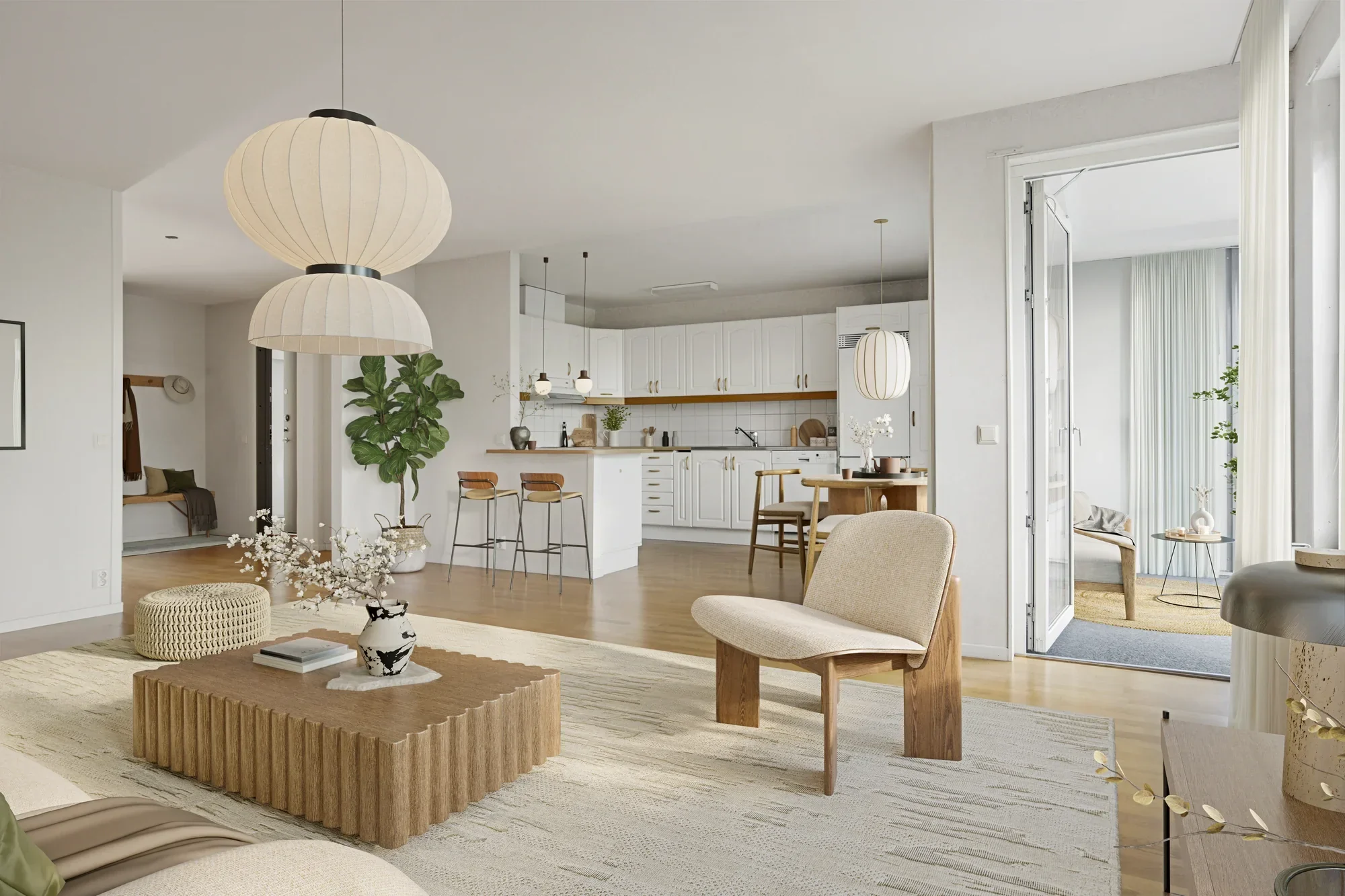 Virtual staging van open woonkamer en keuken met houten meubels aan de Goudse Rijweg Rotterdam