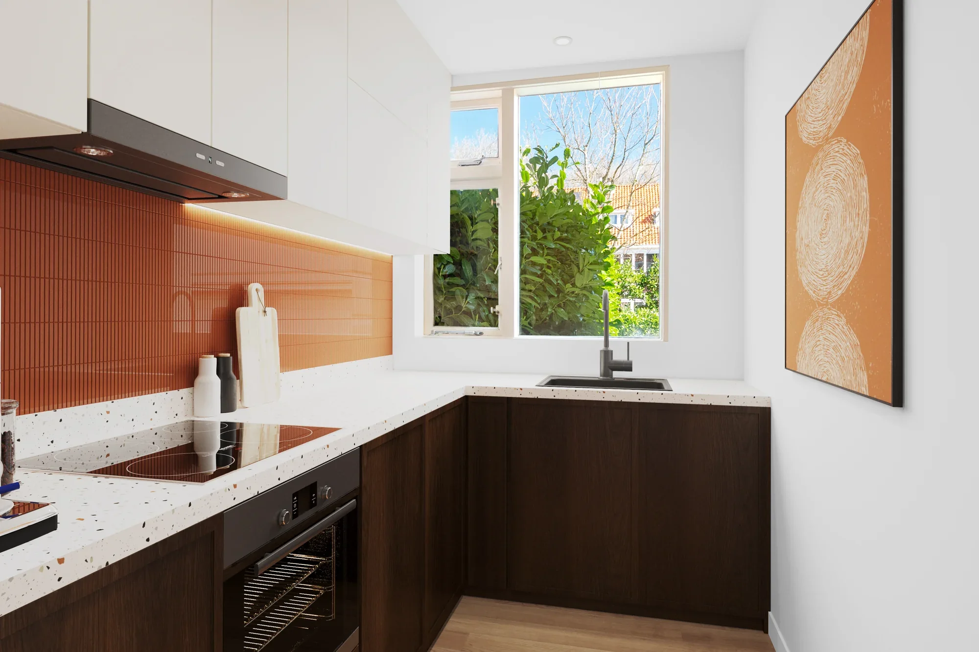 Virtual staging keuken met terracotta tegels, donkere kastjes en terrazzo werkblad bij raam