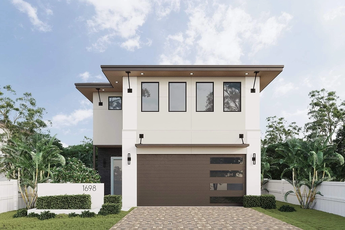 3D visualisatie van moderne woning met platte overkapping, garage en tropische beplanting