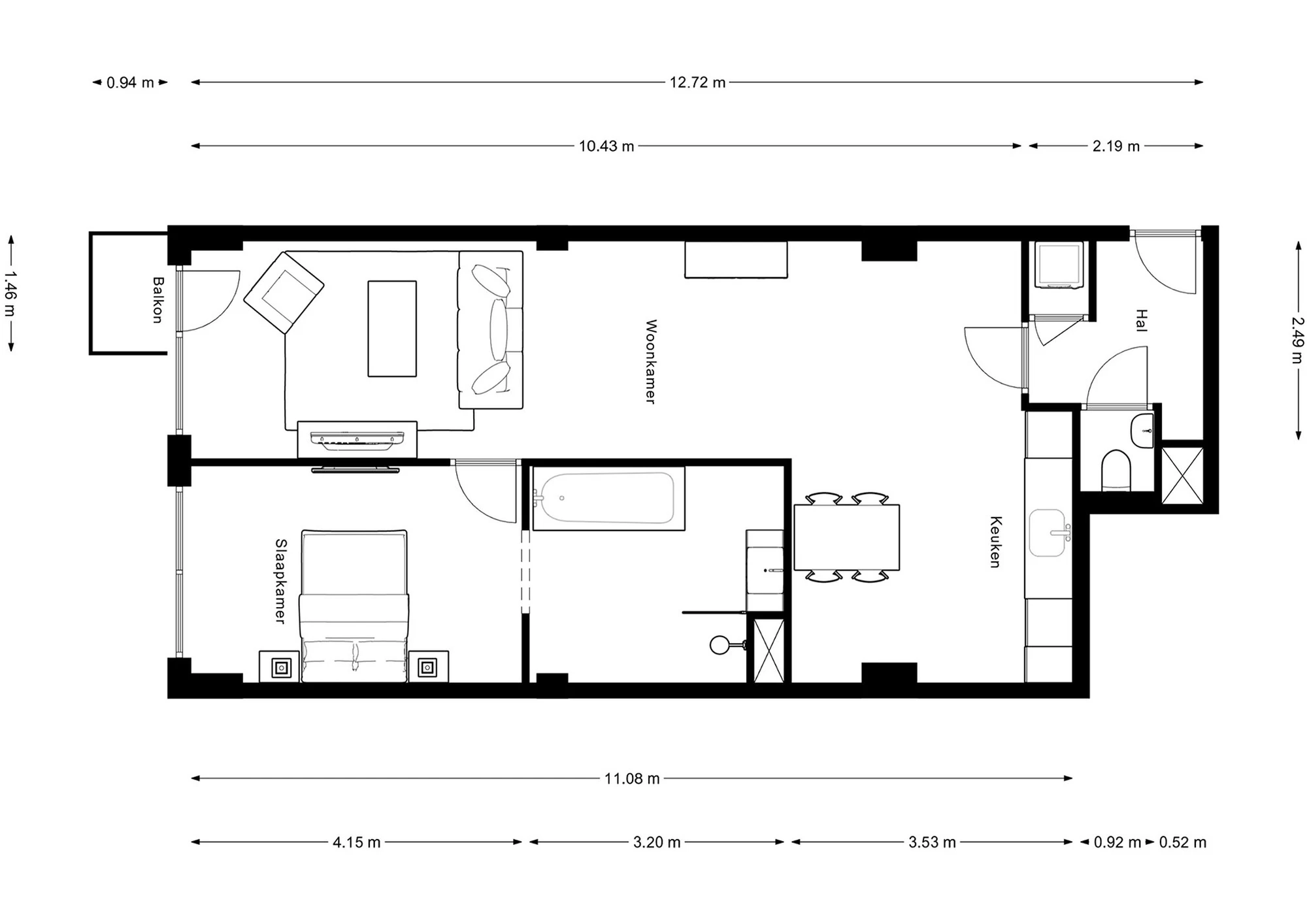 De aangeleverde technische plattegrond met maatvoering van type E1